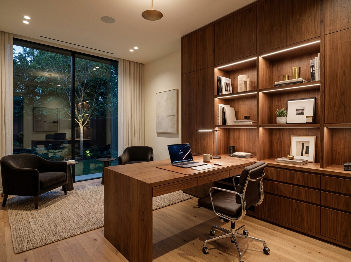 Premium home office with walnut shelving