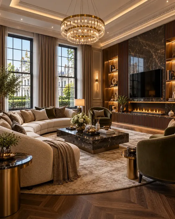 Luxury living room with crystal chandelier and marble fireplace