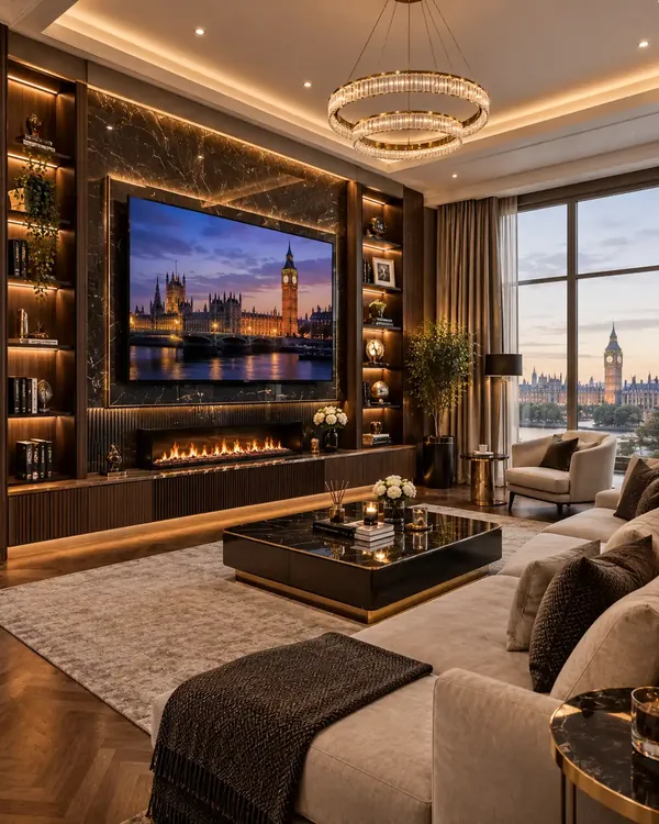 Bespoke media wall with fireplace and shelving